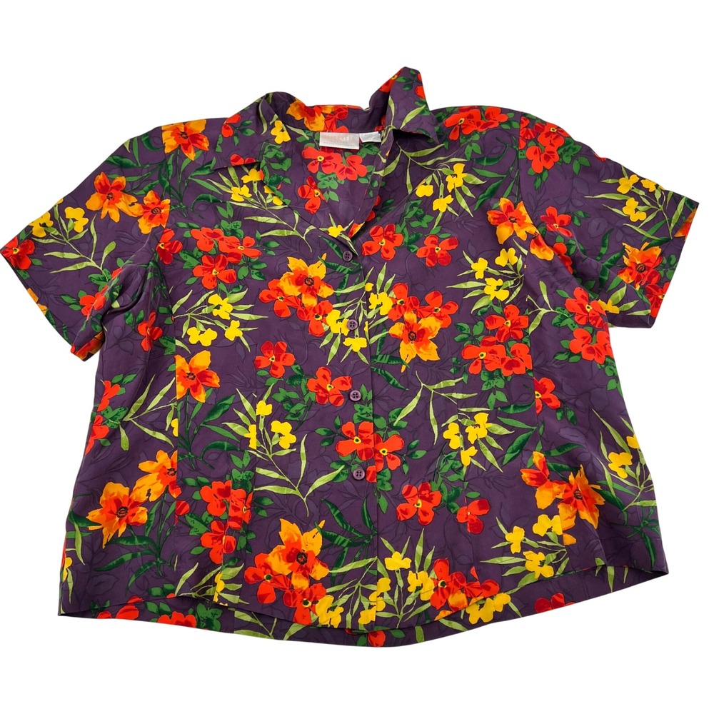 Elisabeth Liz Claiborne 100% Silk Floral Button Down Shirt Vintage Petite 14